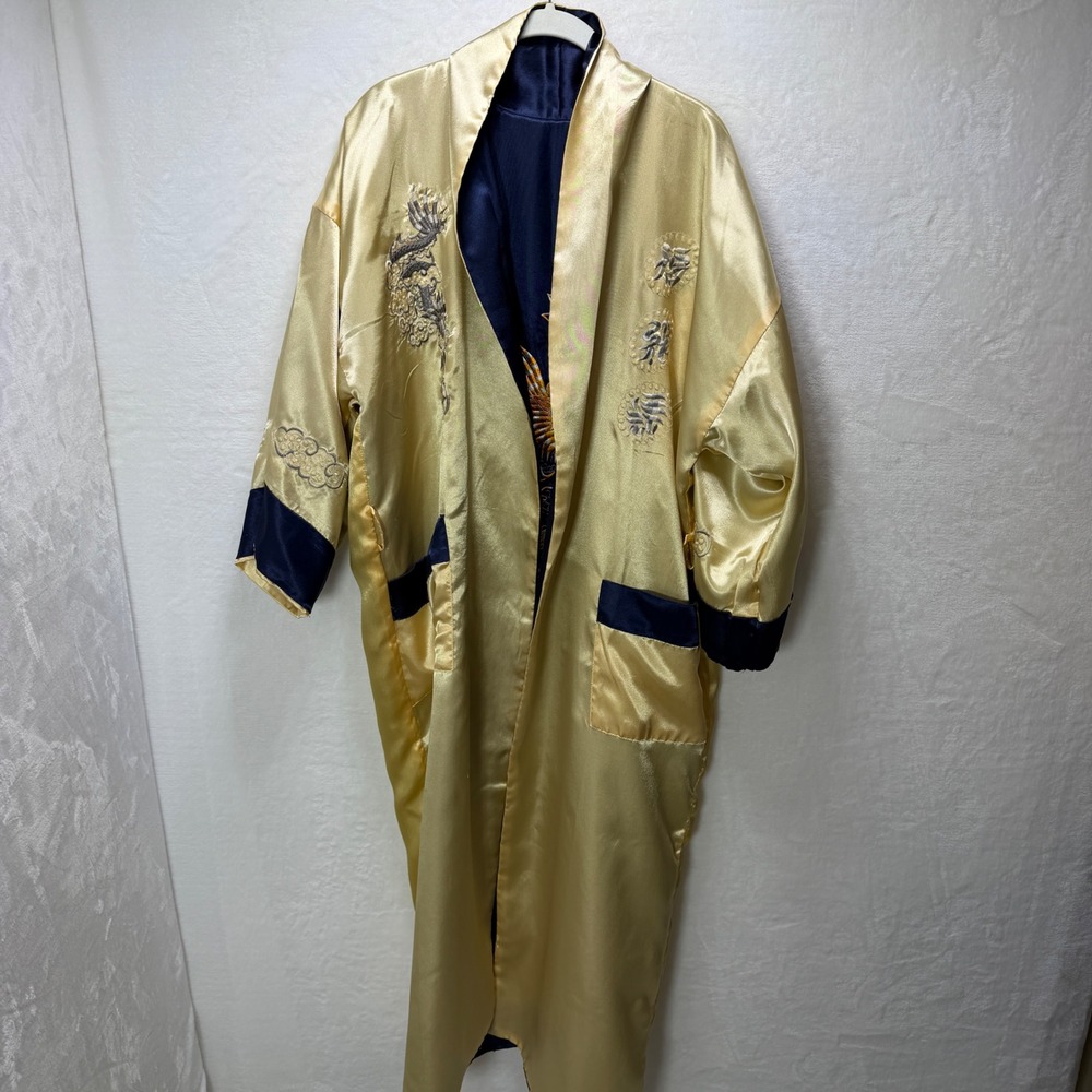 Navy Blue Gold Dragon Embroidered Satin Kimono Robe Asian Motif Reversible - Picture 2 of 15